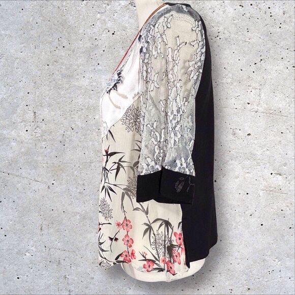 Spencer Alexis Asian Jacket Womens PL Birds Lace Sleeves Artsy Vintage Top - Picture 4 of 7